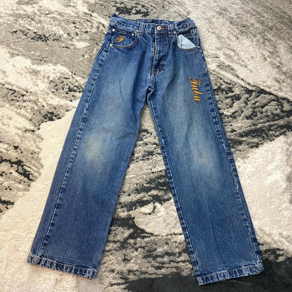 Vintage Y2K Fubu‎ Jeans Kids 12 Whiskered Denim Embroidered Logo Straight Leg